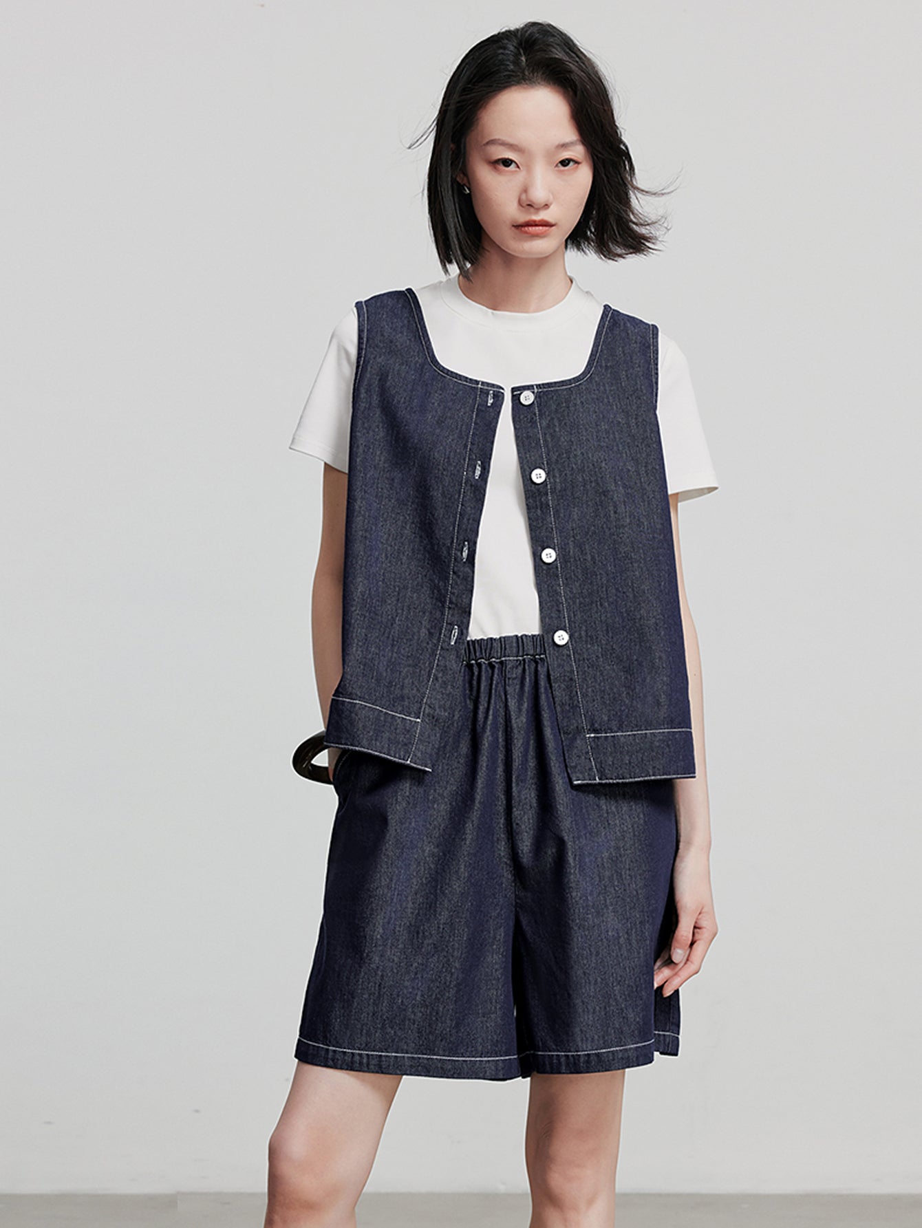 Denim Sleeveless Button-Front Blouse