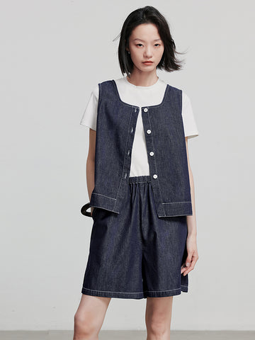 Denim Sleeveless Button-Front Blouse