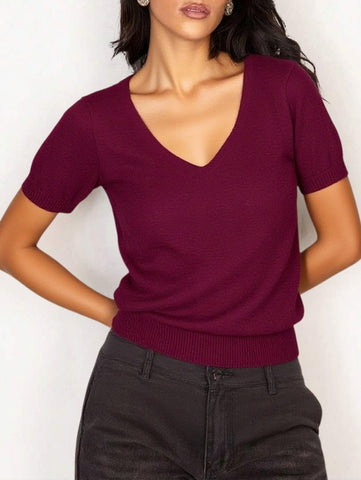 V-Neck Short Sleeve Fitted Essential Knitted Pullover-Brown