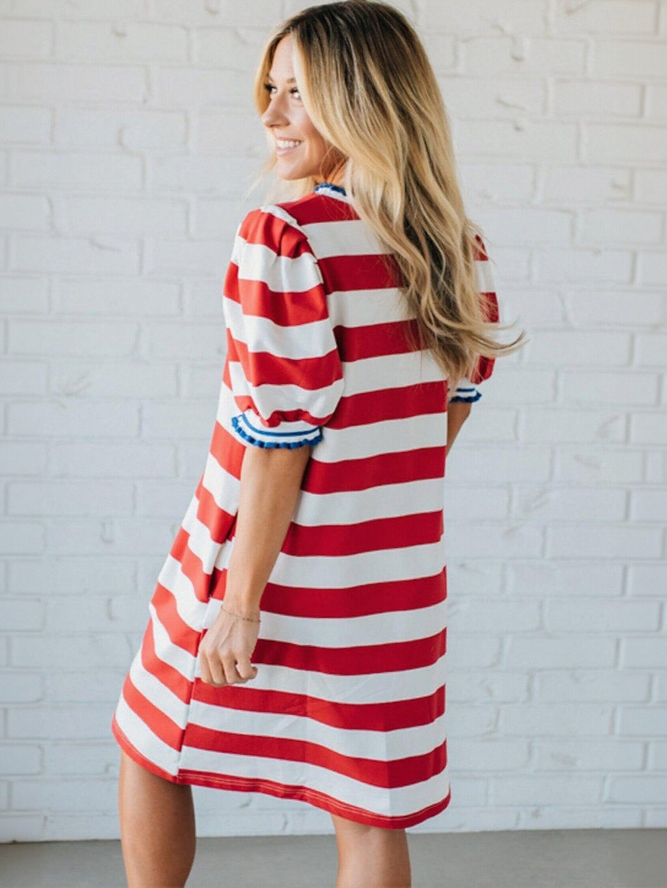 Striped Puff Sleeve Casual Dress