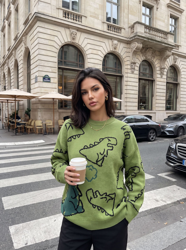 Oversized Dinosaur Graphic Crewneck Sweater