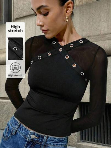 Stretchy Grommet Detail Mesh Top