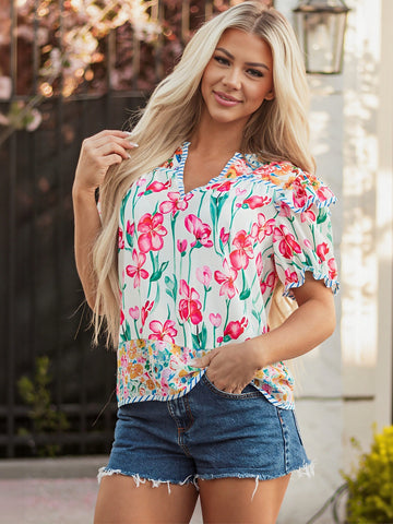 V Neck Floral Print Blouse
