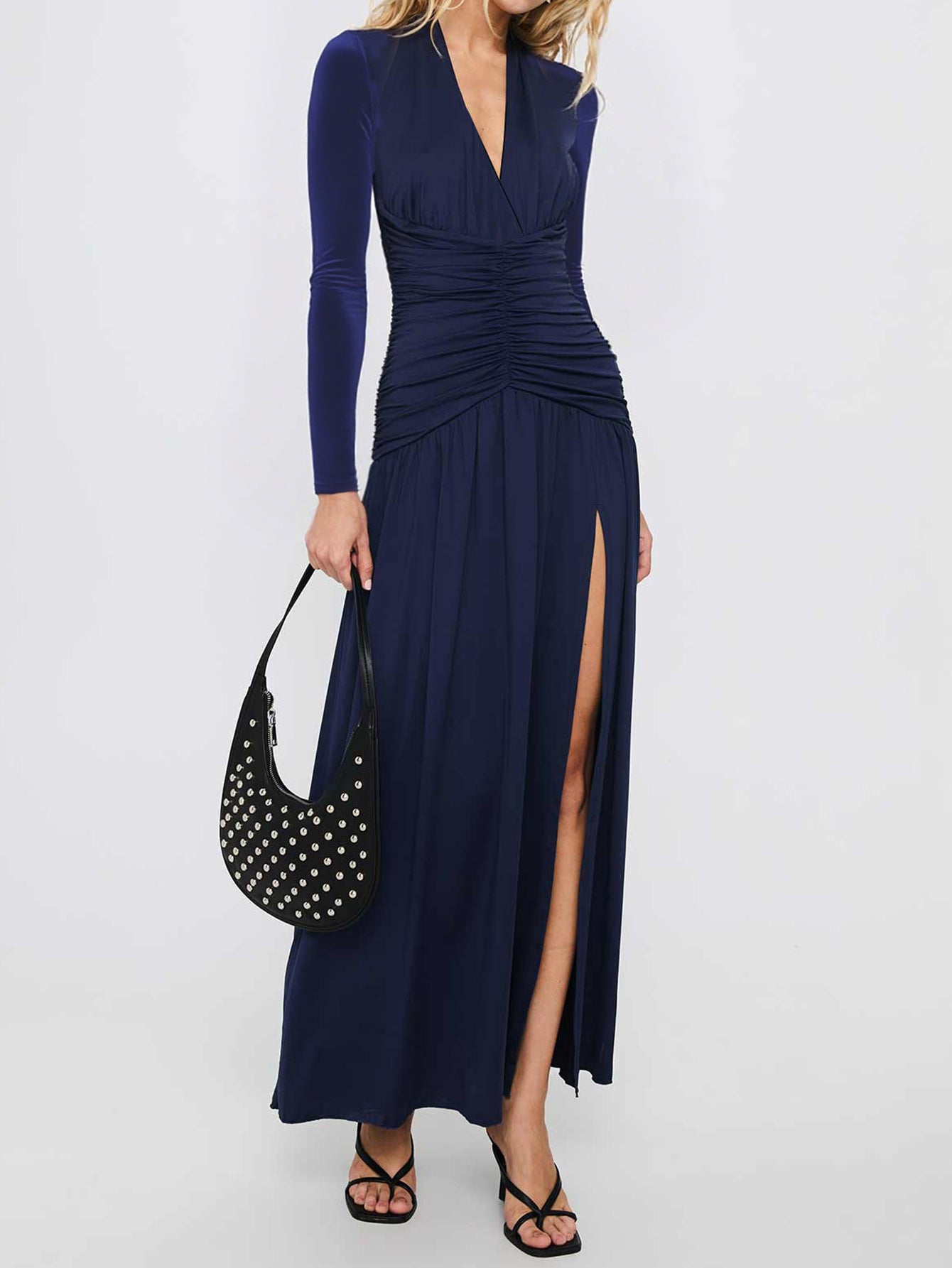 Long-Sleeve Shirred-Bodice Deep-V Elegance Maxi Dress-Multicolor