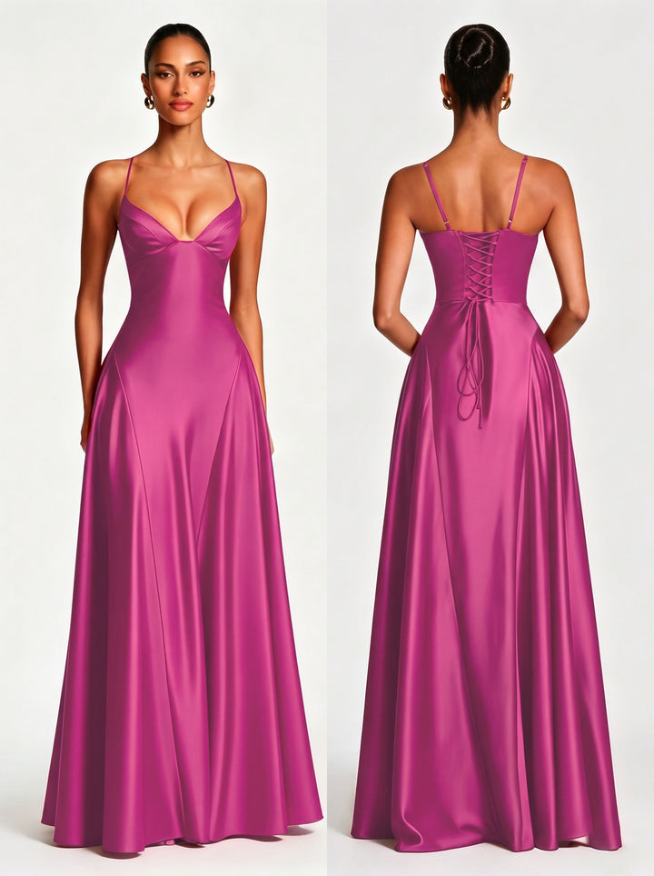 Elegant Satin V Neck Maxi Dress
