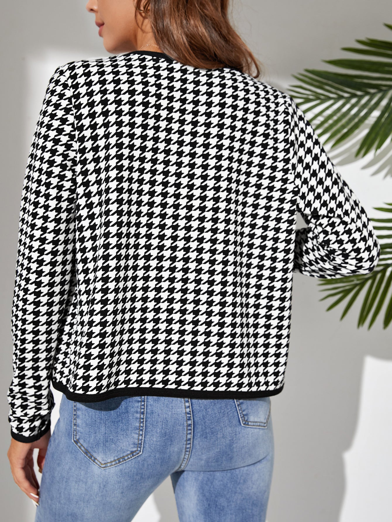 Classic Houndstooth Open Front Jacket