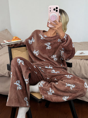 Cozy Plush Bow Print Pajama Set