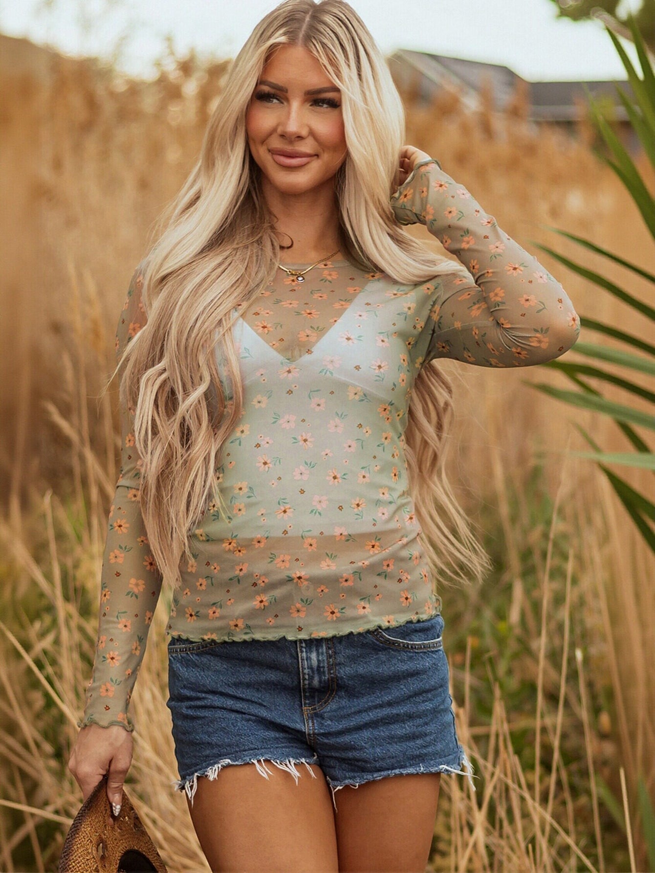 Sheer Floral Lettuce Edge Tee