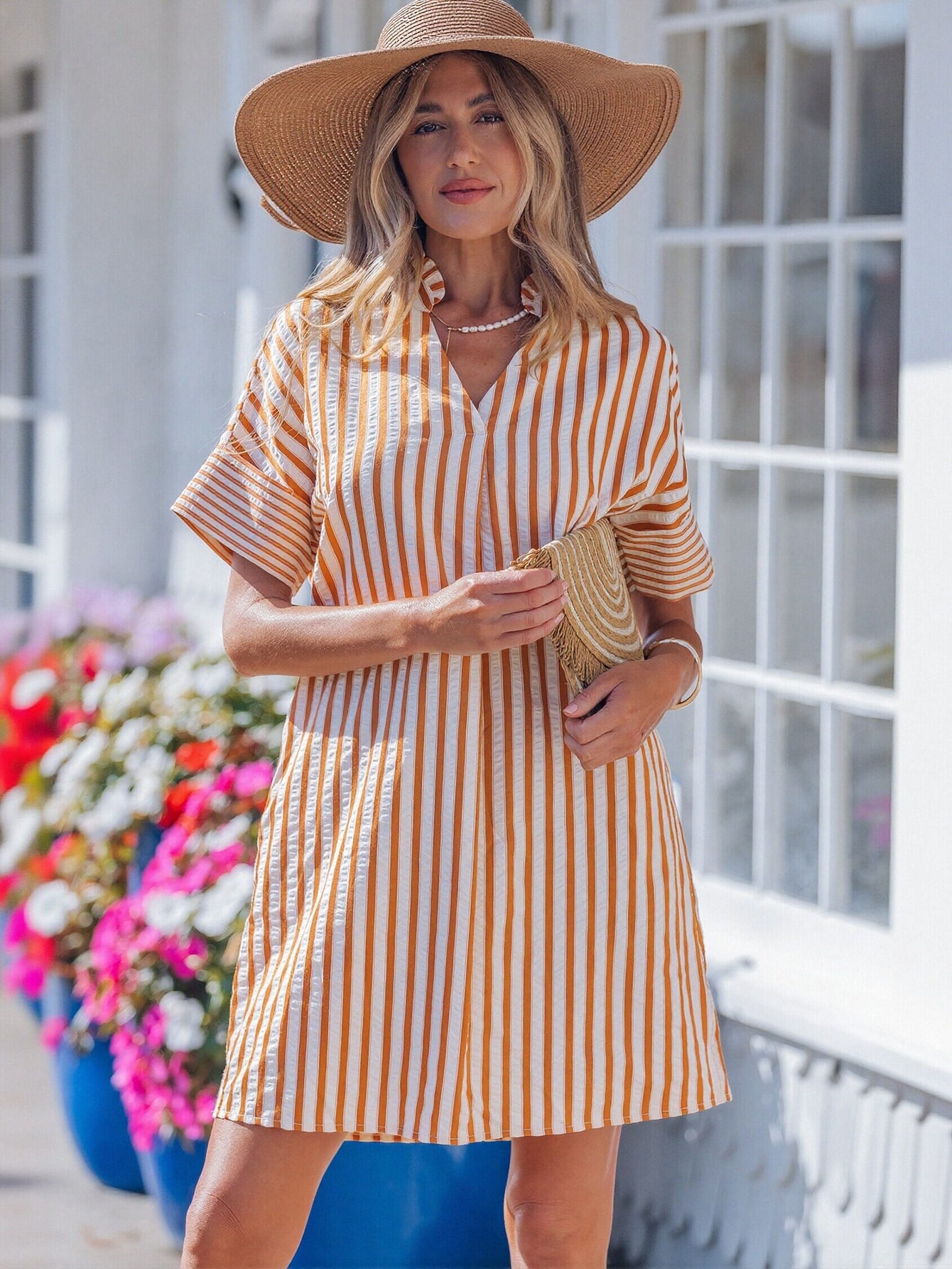 Casual Striped V Neck Mini Dress