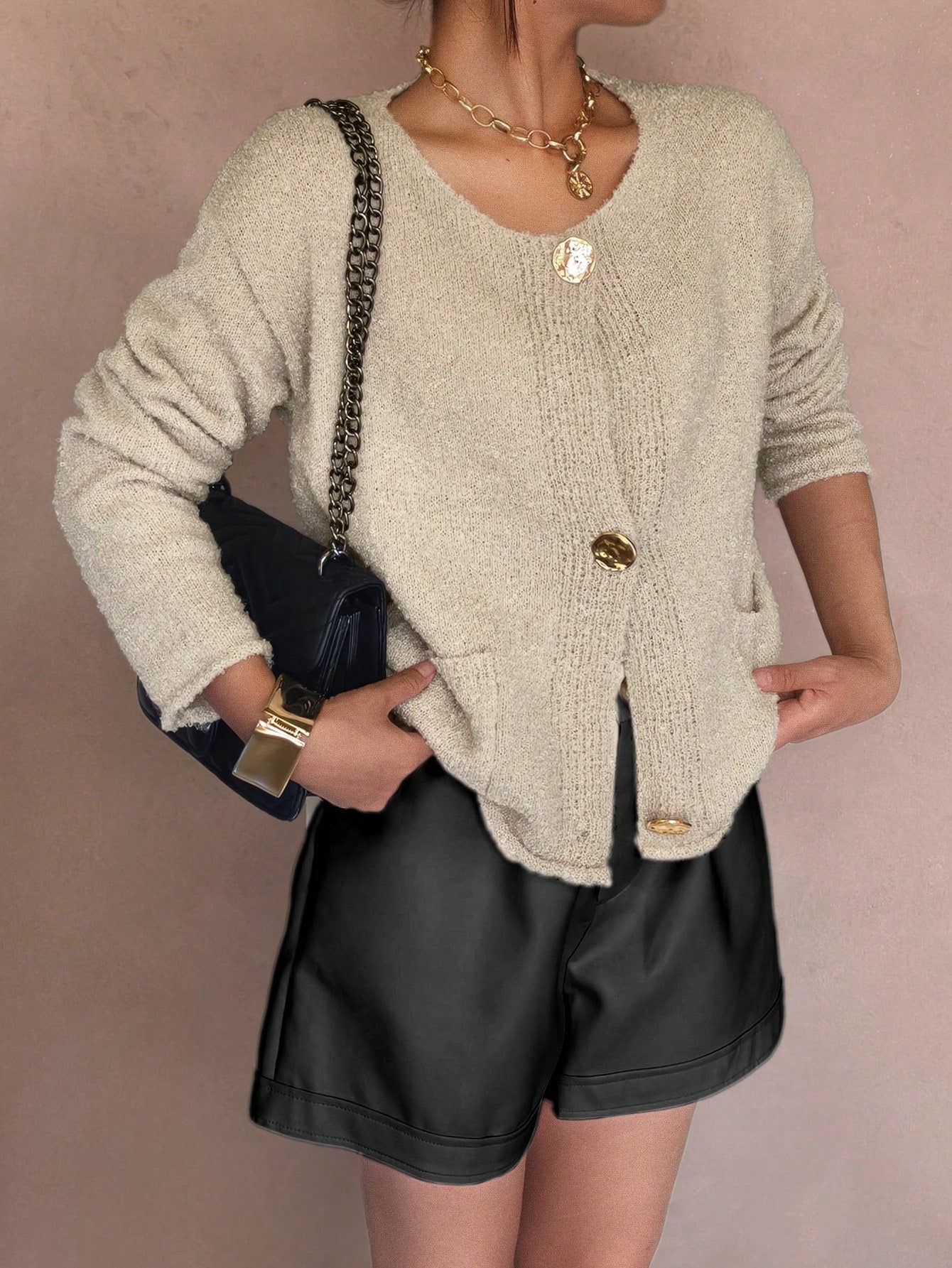 Gold Button Textured Knit Cardigan