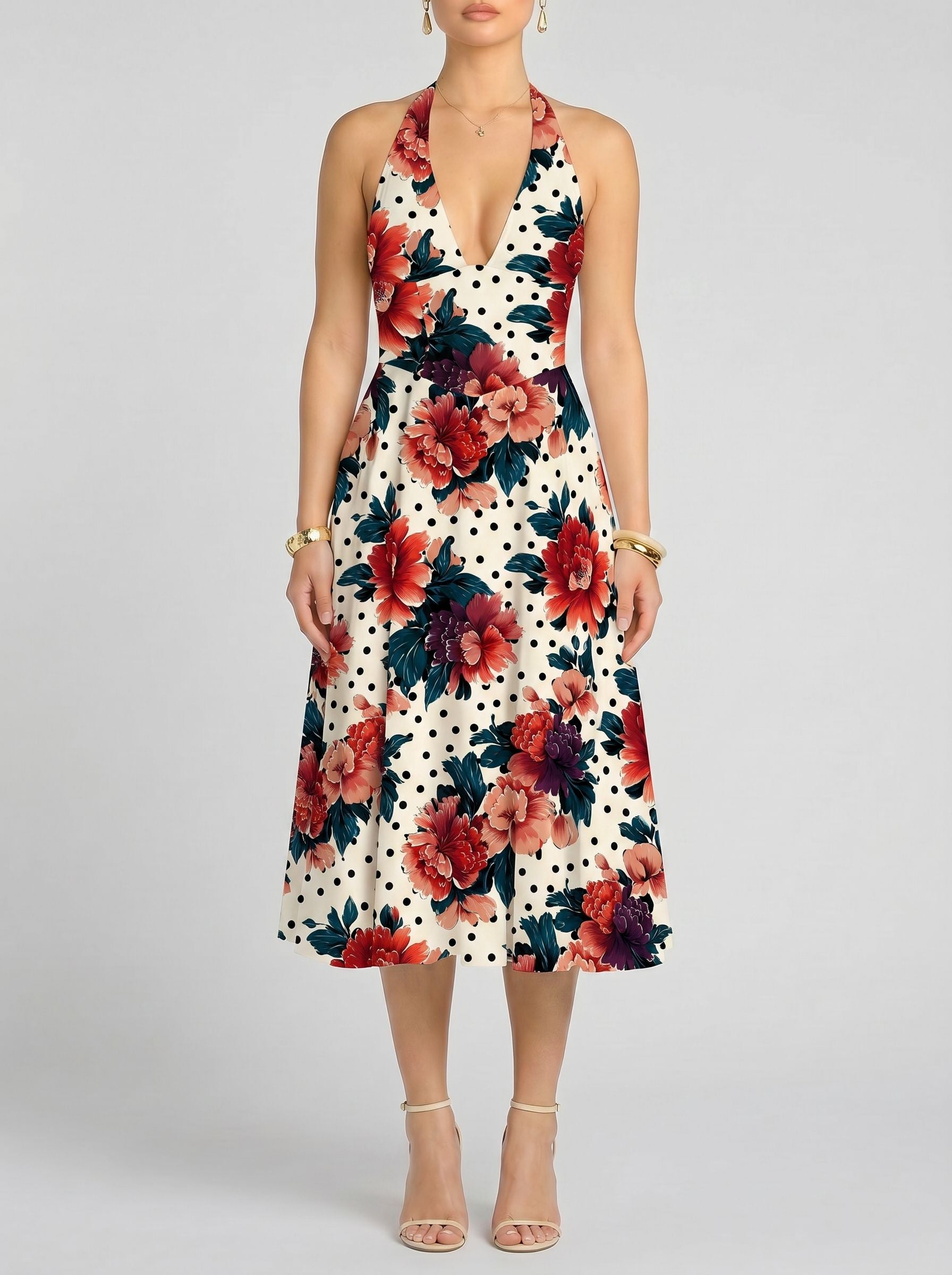 Floral Print Halter Neck Tie Back Midi Dress