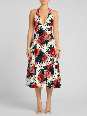 Floral Print Halter Neck Tie Back Midi Dress