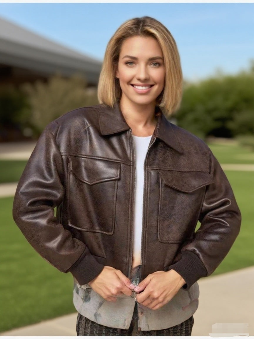 Distressed Faux Leather Bomber Jacket