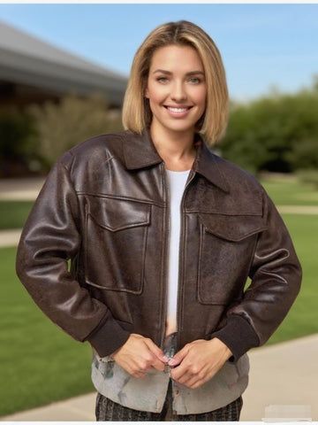 Distressed Faux Leather Bomber Jacket
