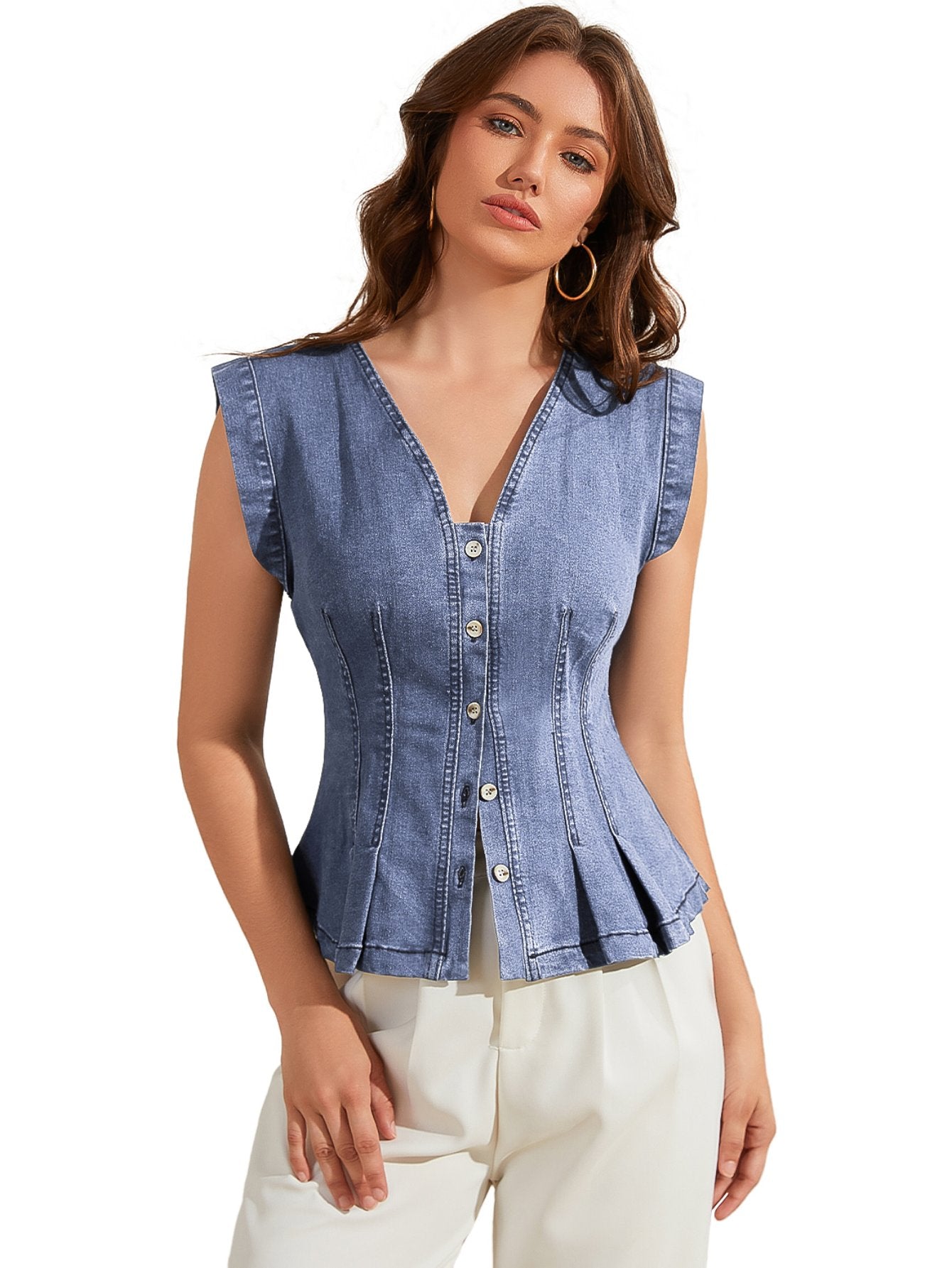 V Neck Fitted Peplum Denim Vest