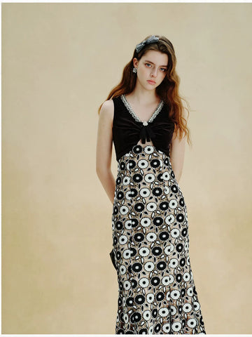 Embellished Velvet Floral Lace Maxi Dress