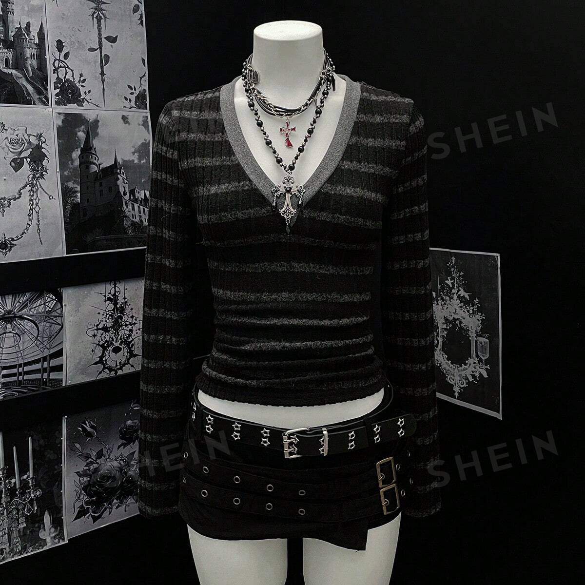 Goth Striped V Neck Long Sleeve Tee