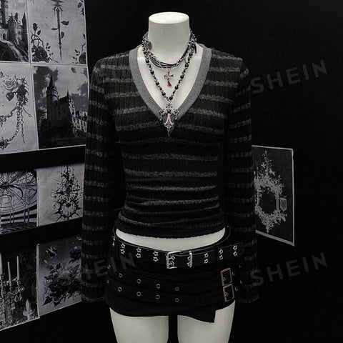Goth Striped V Neck Long Sleeve Tee