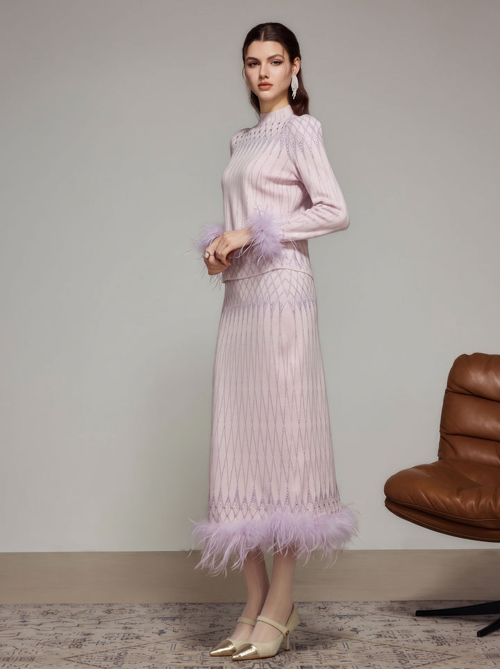 Sparkly Feather Trim Mock Neck Sweater