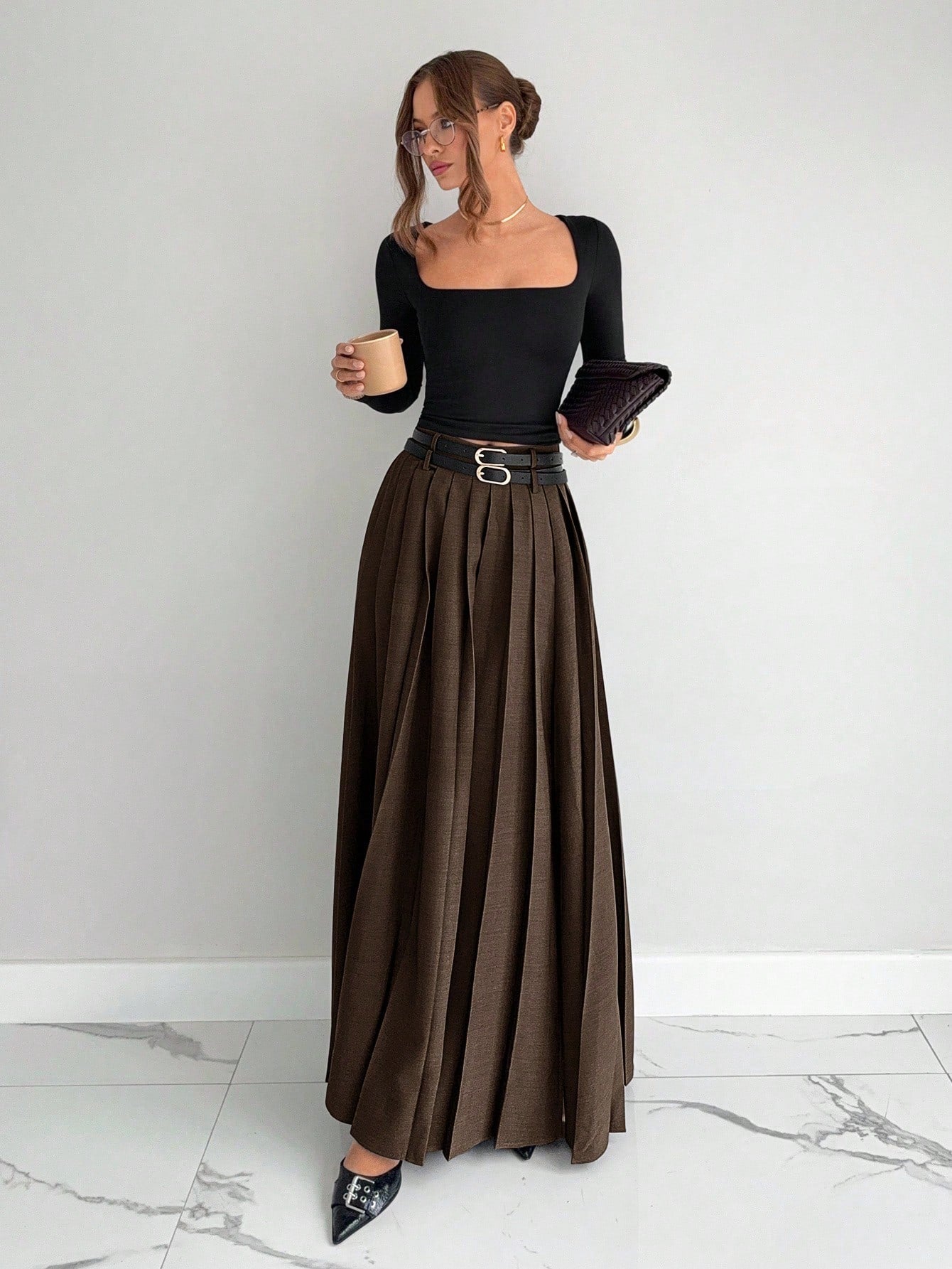 High Slit Pleated Maxi Skirt