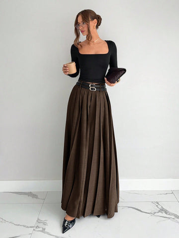 High Slit Pleated Maxi Skirt