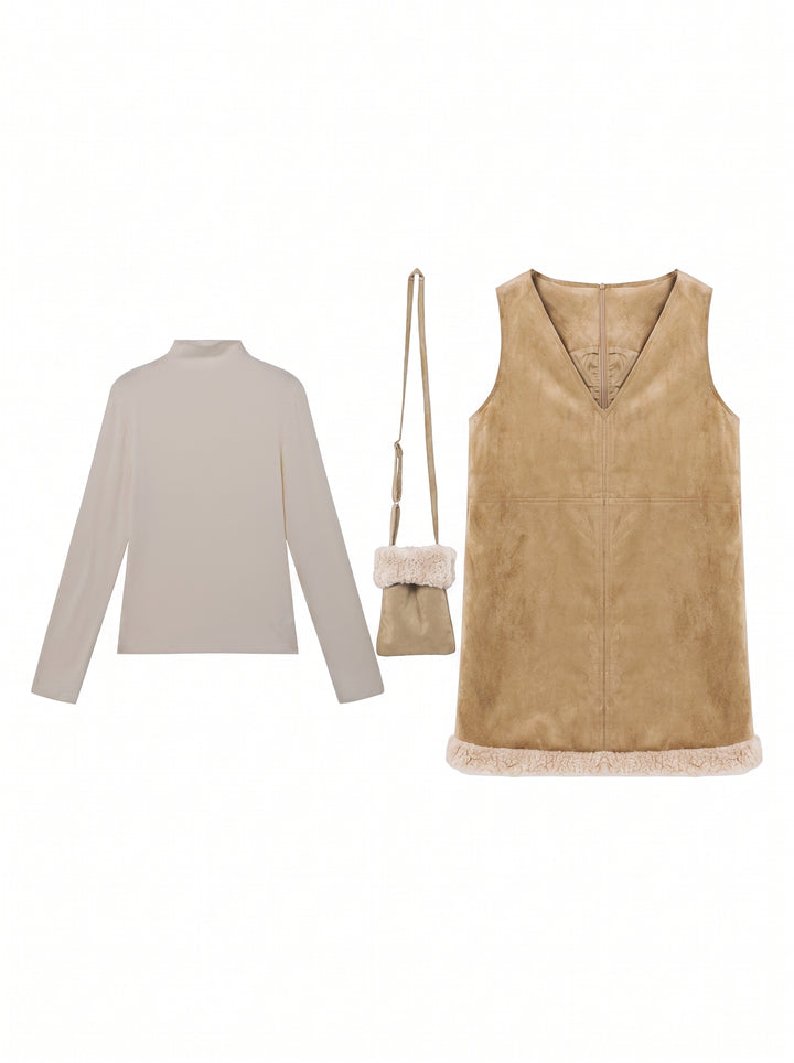 Faux Suede Sherpa Trim Dress