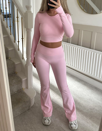 Long-Sleeve Crop Top Flare-Leg Pants Athleisure Set