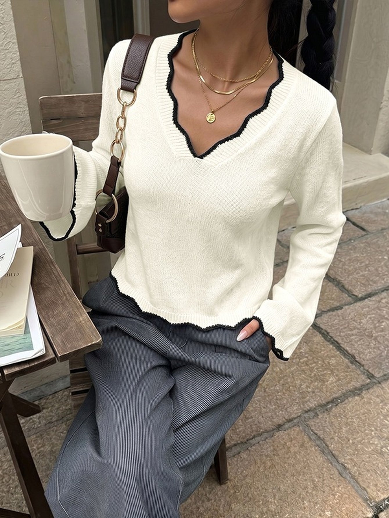 Contrast Trim V Neck Sweater