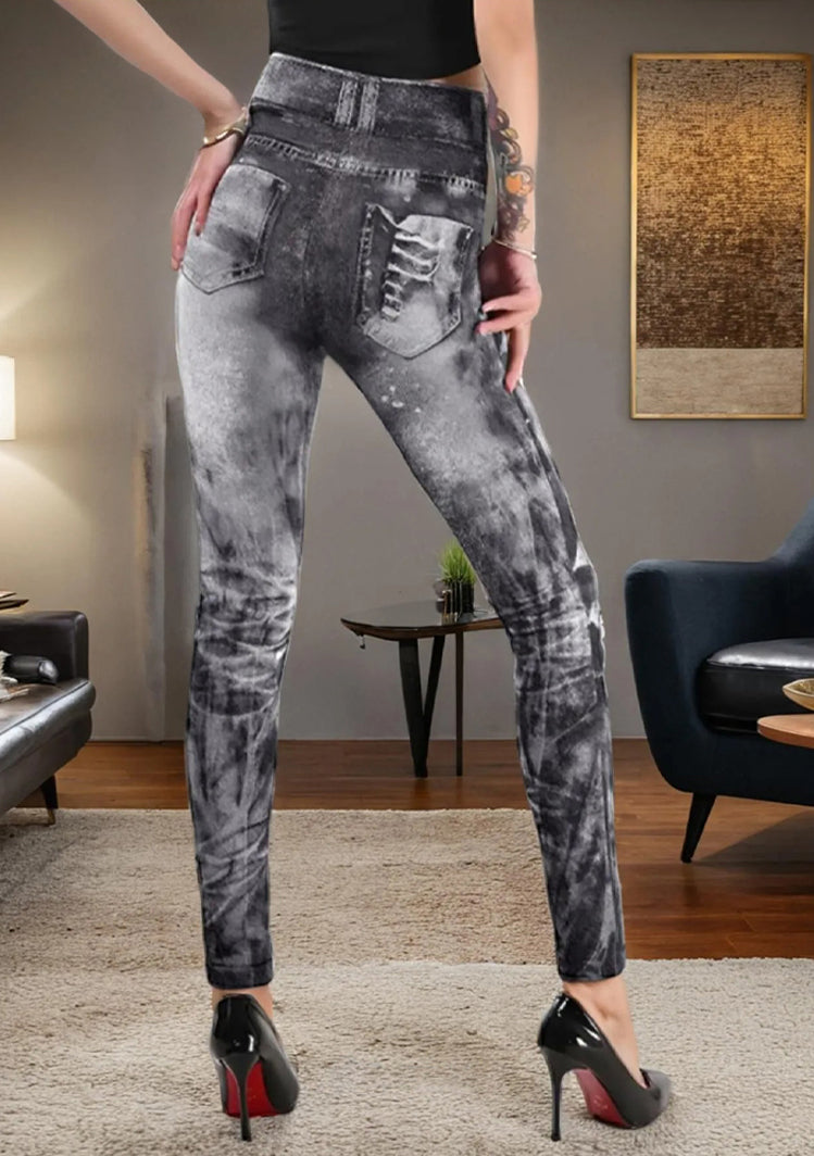 Distressed Denim-Print High-Waisted Stretchy Yoga Leggings-Black