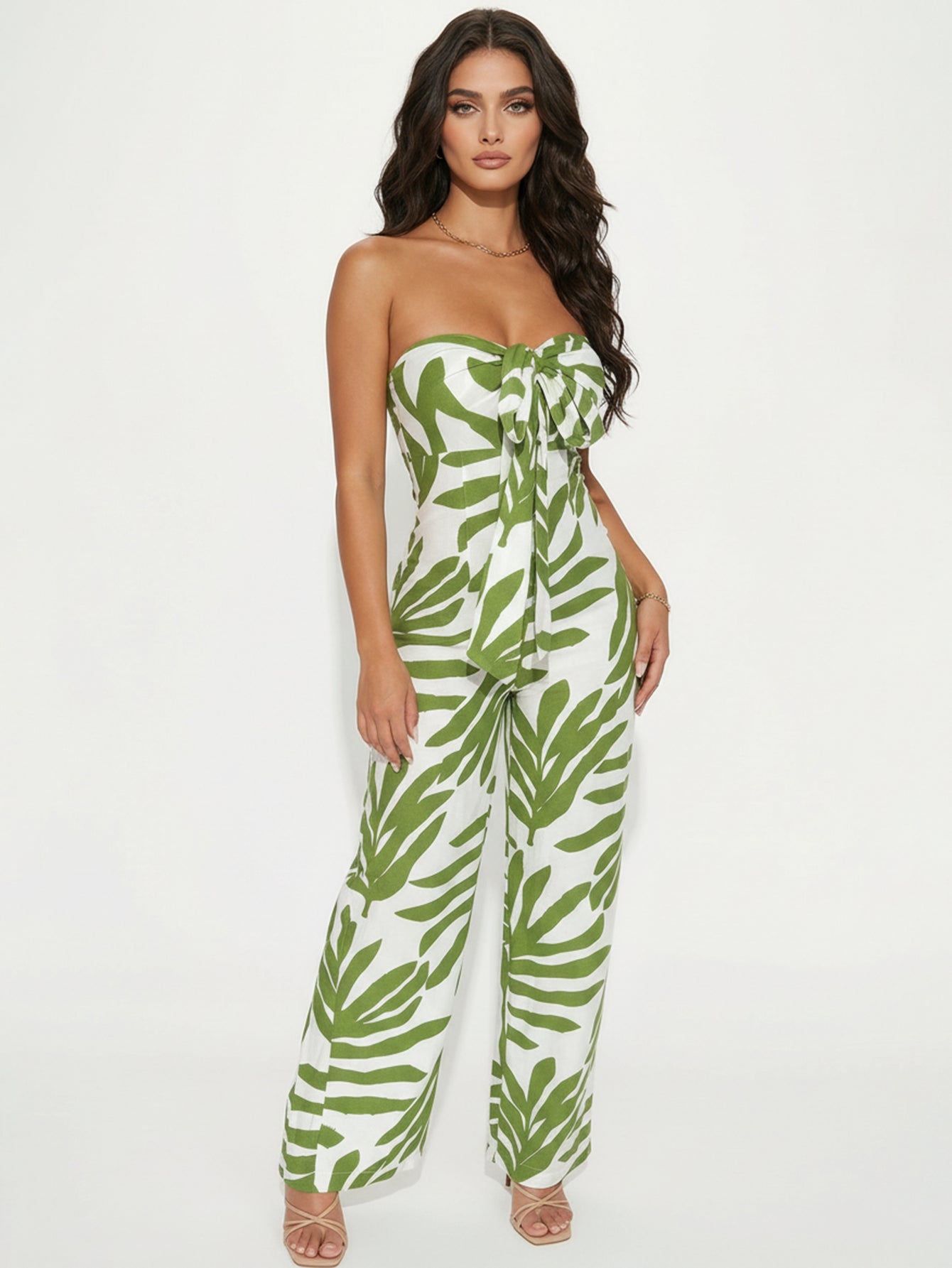 Green Leaf Print Tie Front Casual Jumpsuit