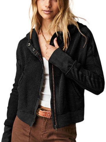 Waffle Knit Snap Up Hoodie Jacket