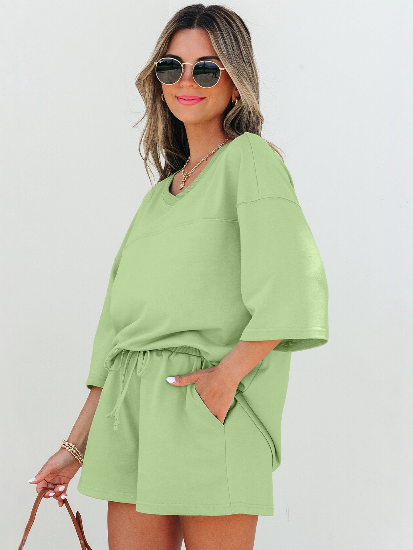 V Neck Drawstring Waist Shorts Set