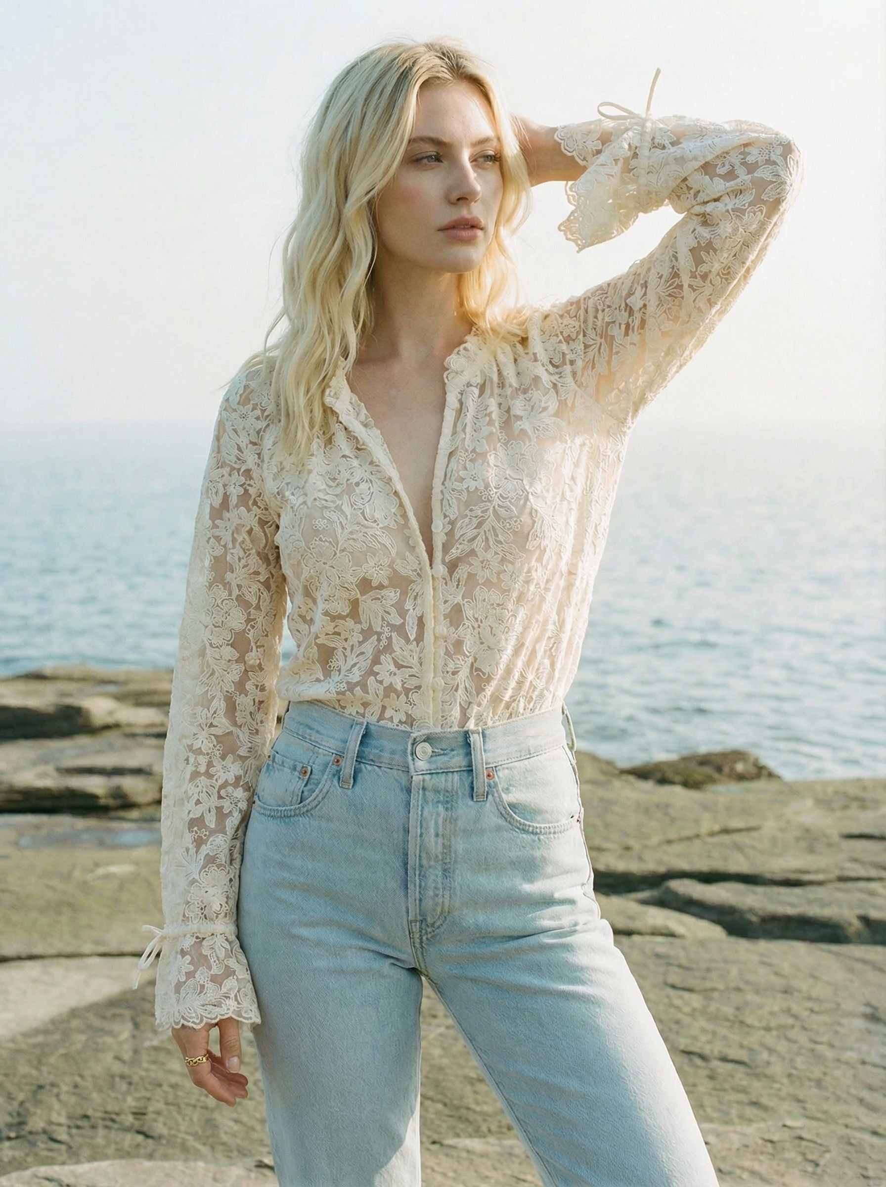 Deep V Floral Lace Lon Sleeve Sexy Blouse-Apricot