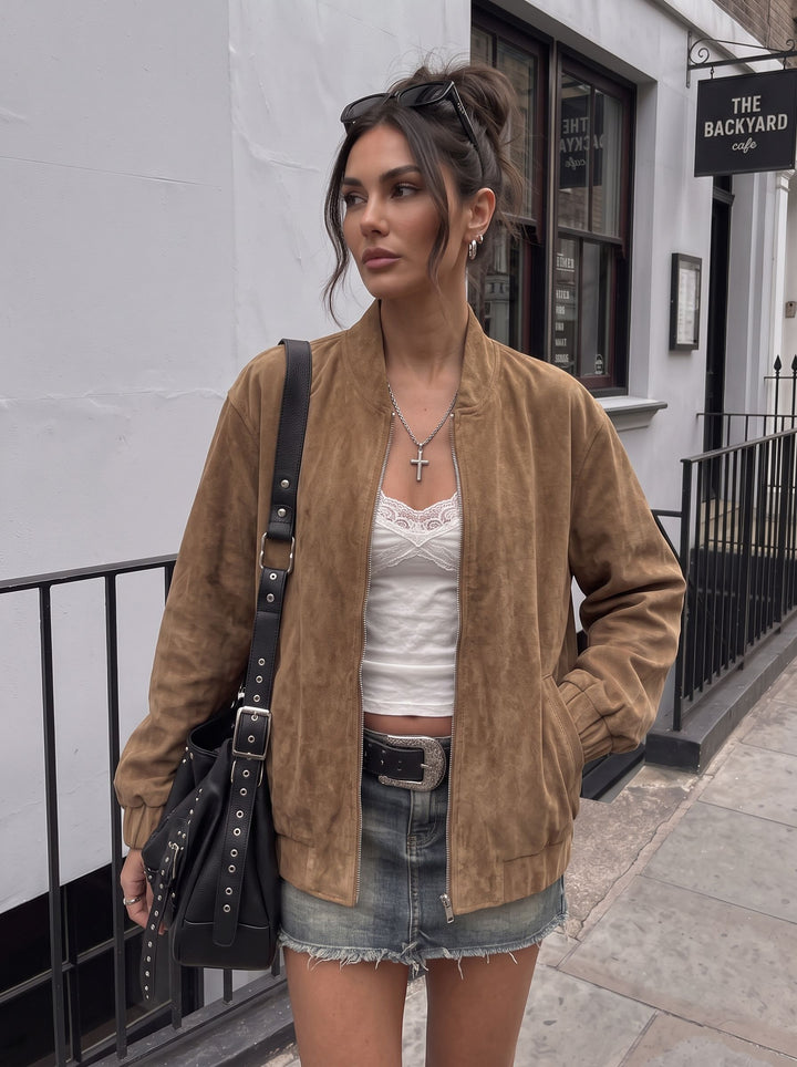 Oversized Faux Suede Bomber Jacket
