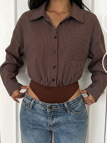 Oversized Striped Button Down Bodysuit