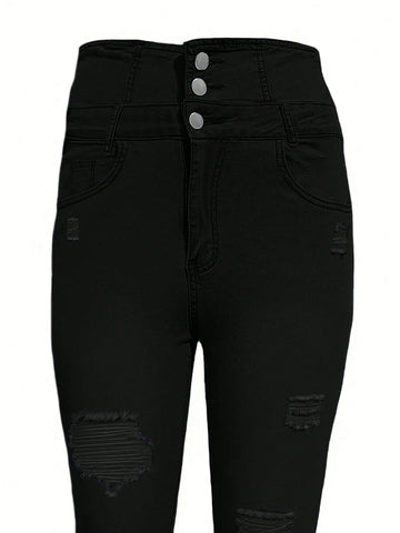 Ripped Black High-Waisted Denim Jeans-Gray