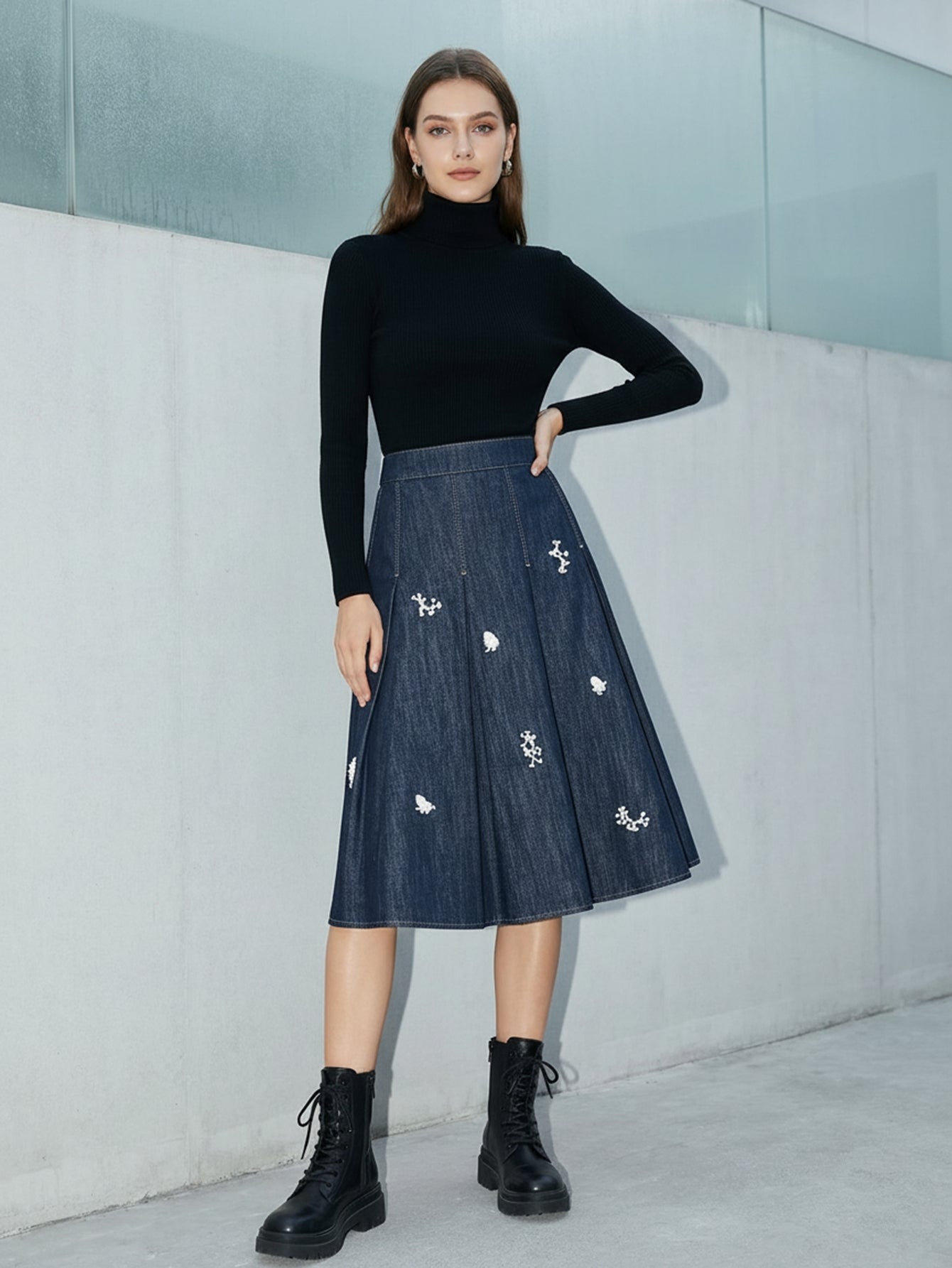 Urban Revivo Ruffled Trim Embroidered Pleated Denim Midi Skirts-Blue