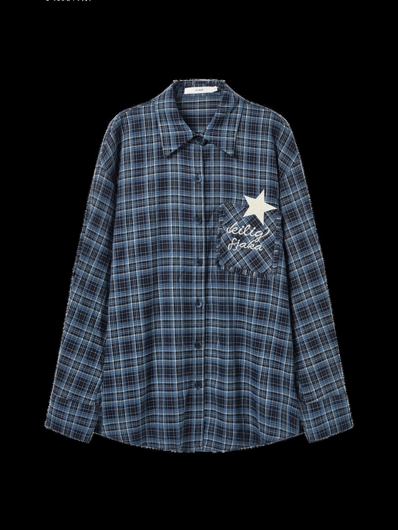 Oversized Plaid Star Embroidered Button Down Shirt