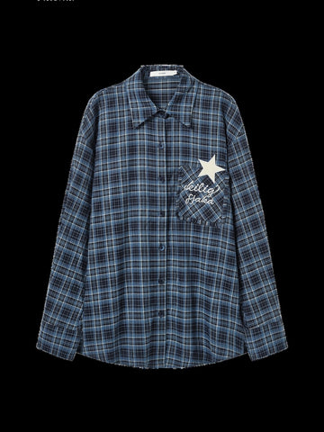Oversized Plaid Star Embroidered Button Down Shirt