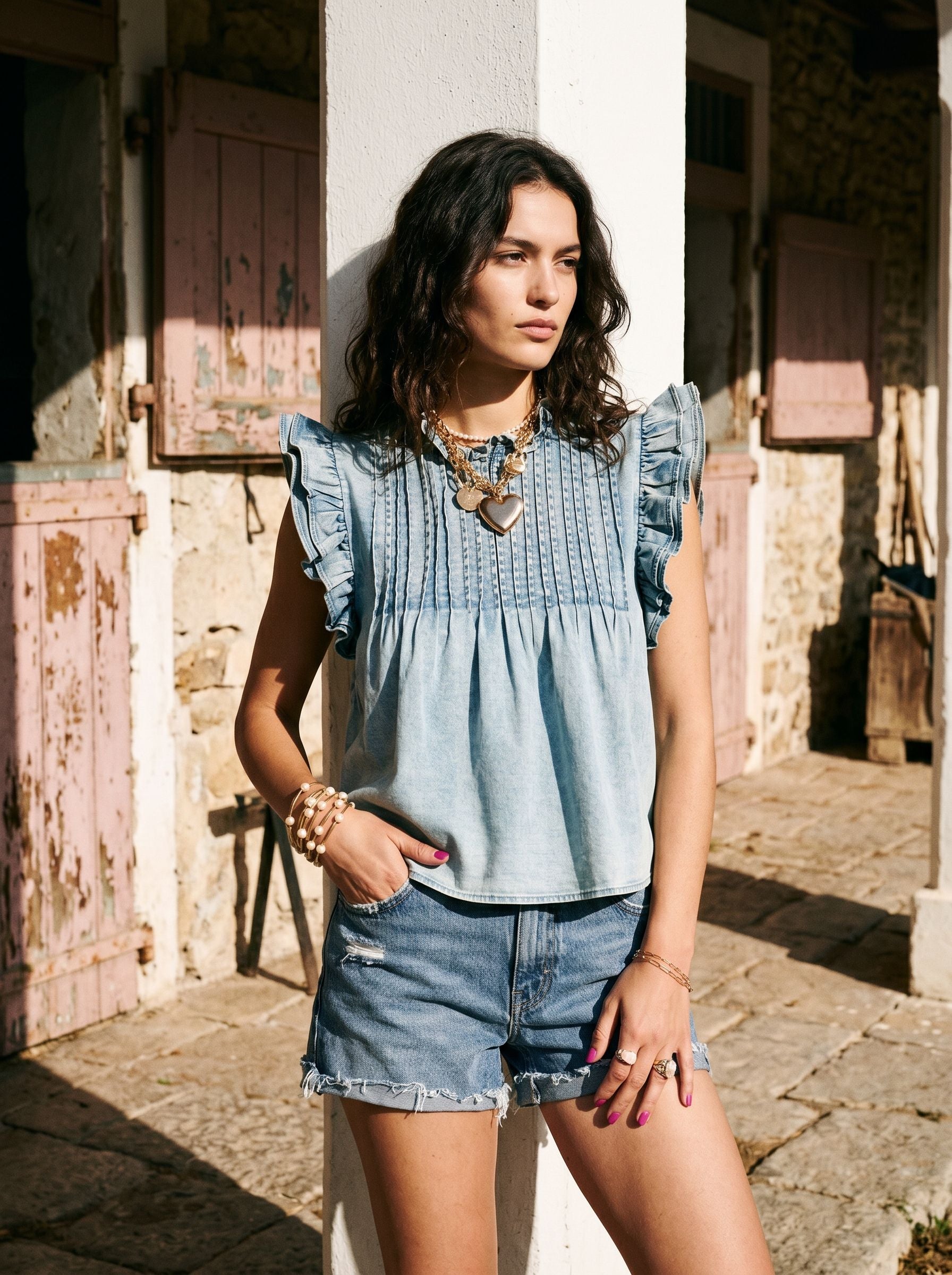 Pleated Detail Ruffle Sleeve Denim Top
