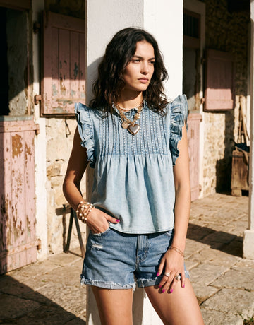 Pleated Detail Ruffle Sleeve Denim Top