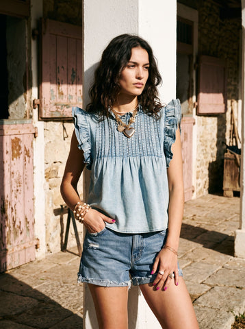 Pleated Detail Ruffle Sleeve Denim Top