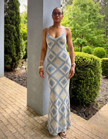 KIRA Geometric Diamond Print Spaghetti Strap Bodycon Maxi Dress