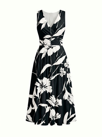CORINNE
Floral Print V Neck A Line Midi Dress