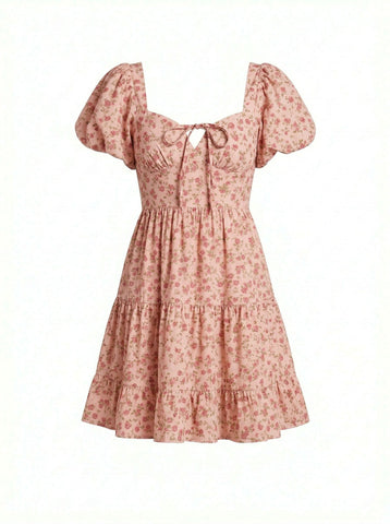 AYLA Floral Print Puff Sleeve Tiered Mini Dress