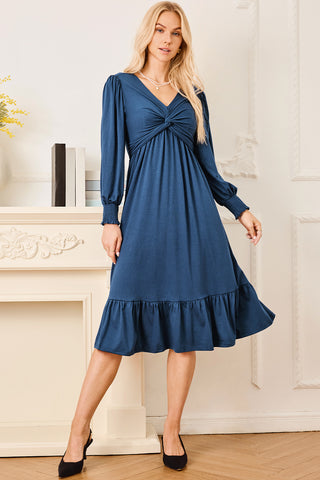 Twist Front Long Sleeve Midi Dress
