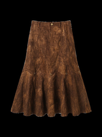 Vintage Distressed Faux Suede Midi Skirt