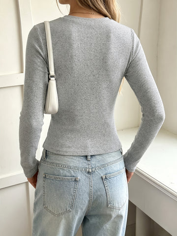 Lace Trim Ribbed Henley Tee