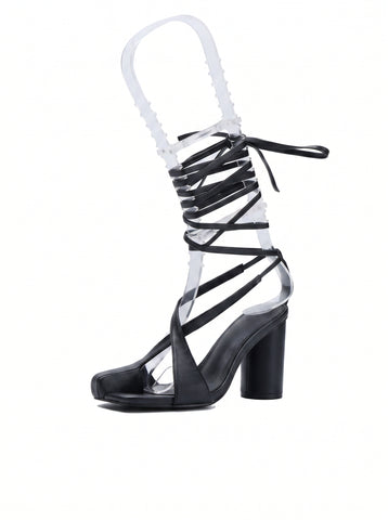 Strappy Lace Up Block Heel Sandals