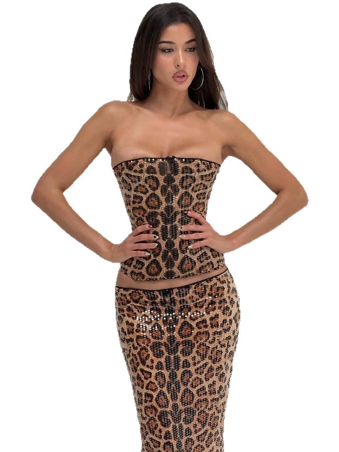 Sexy Leopard Corset Midi Skirt Set